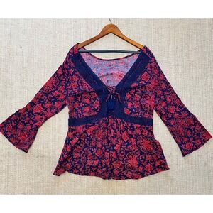 Babydoll Top Blouse Womens 2X Red Blue Floral Y2K Lace Up Gauze Crochet Trim